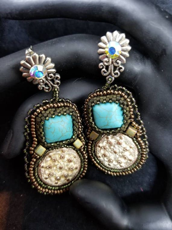 Turquoise silver earrings Native American inspired Beadwork Dreams Raven