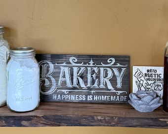 Rustic Bakery Sign – “Happiness Is Homemade” Farmhouse Kitchen Décor | Wood Bakery Wall Sign | Baking Gift | Kitchen Shelf Accent