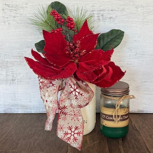 Rustic Christmas Poinsettia Arrangement in Mason Jar | Holiday Decor | Farmhouse Christmas Centerpiece | Red & Green Winter Arrangement