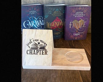 Wooden Book Holder with Cup Slot | “Just One More Chapter” Reading Stand | Rustic Book & Coffee Tray | Cozy Reader Gift