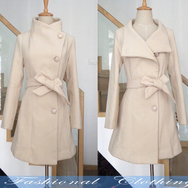 cream wool coat midi coat autumn winter warm coat women clothing women long sleeve coat jacket outerwear More size customization
