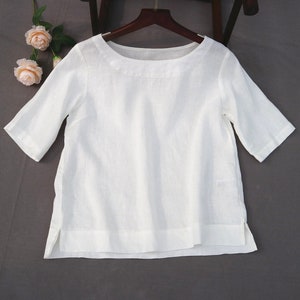 37+color White Linen shirt, round collar shirt , women loose linen blouse summer half sleeve shirt tops for women T-shirt gift