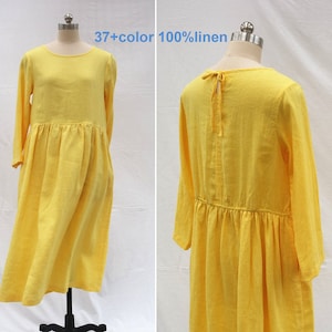 New Linen long dress, yellow Long-sleeve dress, Loose dress, women&#39;s casual dress, summer autumn dress for women more size customization