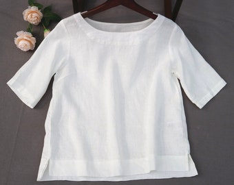 37+color White Linen shirt, round collar shirt , women loose linen blouse summer half sleeve shirt tops for women T-shirt gift