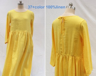 New Linen long dress, yellow Long-sleeve dress, Loose dress, women's casual dress, summer autumn dress for women more size customization