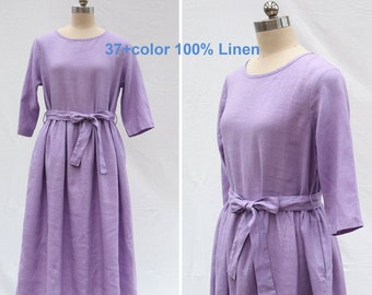 Novo vestido longo de linho, vestido roxo de meia manga, vestido solto, vestido casual feminino, vestido de verão para mulheres, mais personalização de tamanho