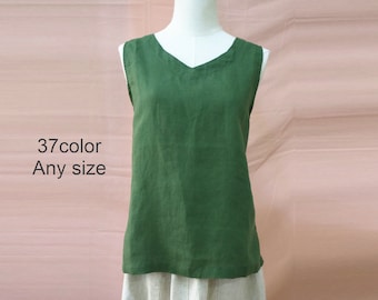 Könnte beinhalten: Ein ärmelloses grünes Leinenoberteil mit V-Ausschnitt. Der Text "37 color Any size" ist im Bild sichtbar.