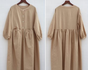 khaki midi dress Travel clothing linen long dress loose and comfortable dress puff sleeve long sleeve autumn dress  for women
