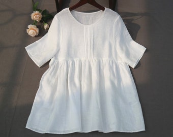 37+color White Linen shirt, round collar loose shirt , women loose linen shirt blouse summer short sleeve shirt tops for women gift