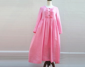 pink linen dress long dress loose and comfortable travel dress long sleeve summer/autumn dress Travel clothing dress for women