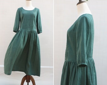 green linen dress midi dress loose and comfortable travel dress three quarter sleeve summer/autumn dress Travel clothing dress for women