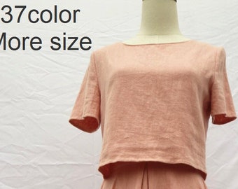 Lino top oscuro rosa suelto top manga corta cuello redondo primavera verano camisa ropa hecha a mano top camiseta blusa