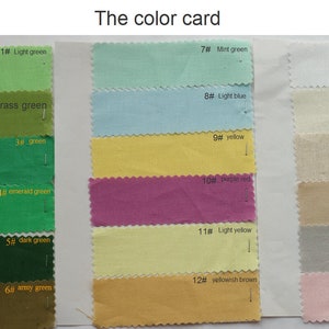 May include: Color card with 18 fabric swatches in various shades of green, blue, yellow, pink, white, cream, beige, and gray. The swatches are labeled with numbers and color names.