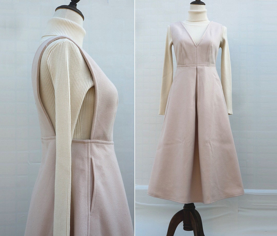 Cream Wool Dress Woolen Long Dress Slim Fit Winter Suspender Skirt