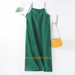 Vestido deslizante de linho vestido longo vestido de praia vestido de verão de linho vestido feminino deslizamento verde vestido camisola