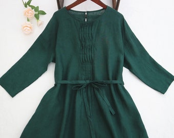 New 37+color spring Linen midi dress, green Long-sleeve dress, Loose dress, women's casual dress autumn dress for women customization