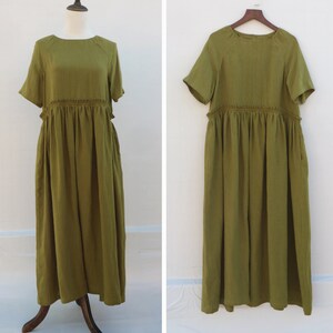 green linen dress linen long dress loose and comfortable dress short sleeve summer dress linen clothing women&#39;s linen dress