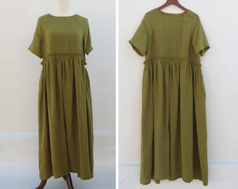 green linen dress linen long dress loose and comfortable dress short sleeve summer dress linen clothing women's linen dress