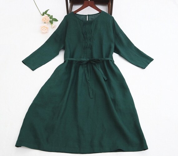 New 37+color Spring Linen Midi Dress, Green Long-sleeve Dress, Loose Dress,  Women's Casual Dress Autumn Dress for Women Customization - Etsy
