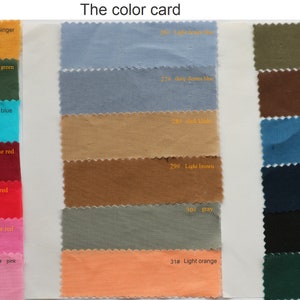 May include: A color card with fabric swatches in various colors, including ginger, gray green, lake blue, wine red, red, rose red, pink, light brown, dark brown, light gray green, navy blue, very blue, black, and green.