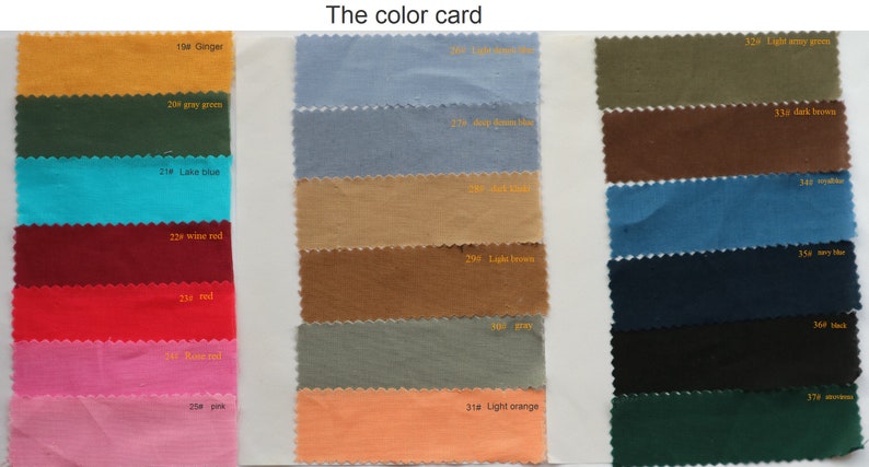 May include: A color card with fabric swatches in various colors, including ginger, gray green, lake blue, wine red, red, rose red, pink, light brown, dark brown, light gray green, navy blue, very blue, black, and green.