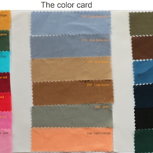 May include: A color card with fabric swatches in various colors, including ginger, gray green, lake blue, wine red, red, rose red, pink, light brown, dark brown, light army green, sapphire, navy blue, black, and green.
