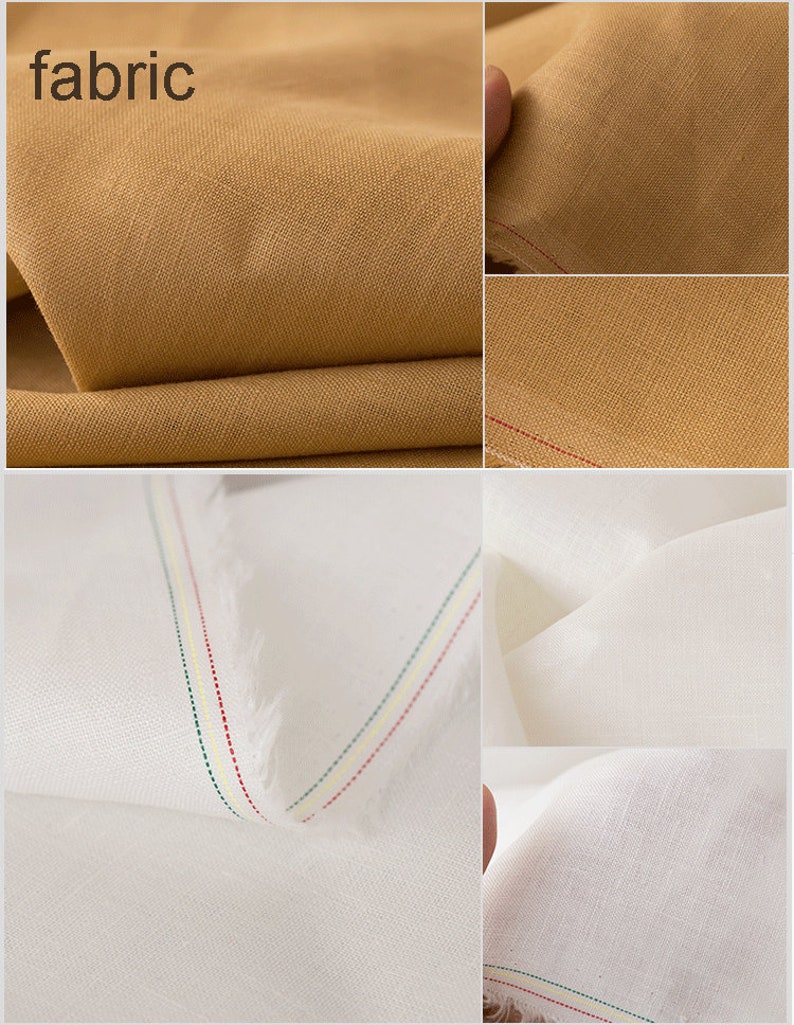 May include: Close-up of two fabric swatches. One is a light brown linen fabric and the other is a white linen fabric with red, green, and yellow stitching.