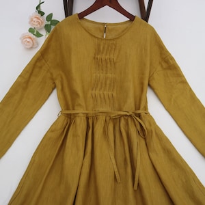 New 37+color Linen midi dress, ginger Long-sleeve dress, Loose dress, women&#39;s casual dress spring autumn dress for women customization