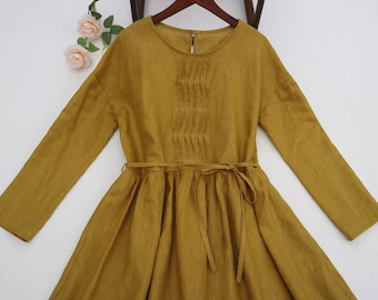New 37+color Linen midi dress, ginger Long-sleeve dress, Loose dress, women's casual dress spring autumn dress for women customization