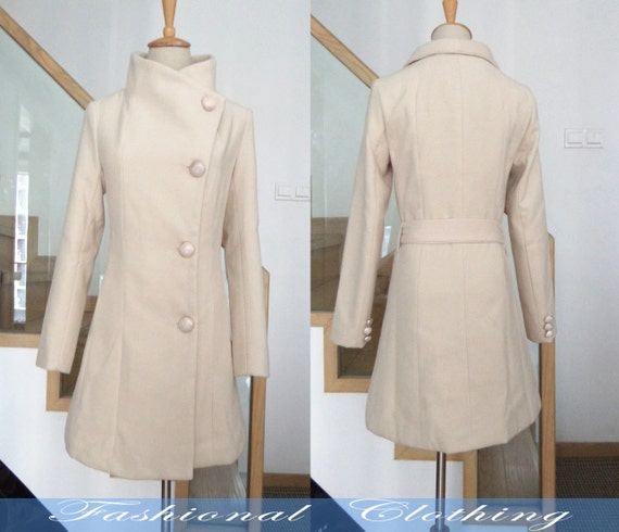 Cream Wool Coat Midi Coat Autumn Winter Warm Coat Women Clothing Women Long  Sleeve Coat Jacket Outerwear More Size Customization 