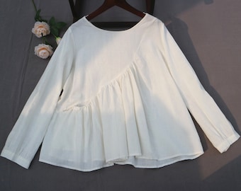 37+color White Linen shirt, round collar shirt , Loose shirt women linen blouse Autumn long sleeve shirt tops for women gift