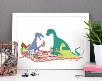 Dinosaur Picnic Print, picnic, A3, dinosaur, dinosaur decor, fun prints, kids room, gifts for kids, home decor, kitchen art, food prints