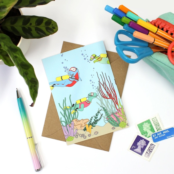 Dinosaur under the sea postcard, mini dinosaur print, A6 mini print, dino prints for kids bedrooms, magnetic wooden print stand