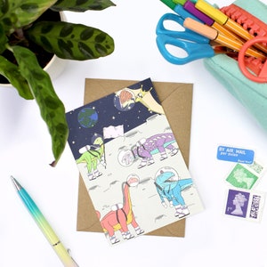 Carte postale spatiale dinosaure, mini imprimé dinosaure, mini impression A6, impressions dinosaures pour chambres d'enfants, support d'impression magnétique en bois