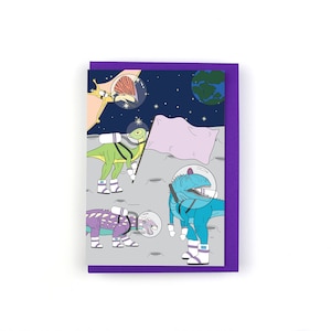 Carte de voeux dinosaure de l'espace pour toutes les occasions, les anniversaires, en pensant à vous, juste parce que