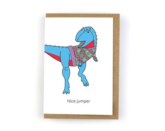 Ugly Christmas Jumper, Dinosaur Greeting Card, Christmas jumper, Christmas card, funny card, illustration, dinosaur, cards for kids