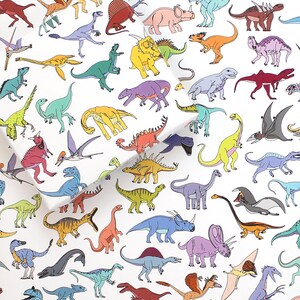 May include: A white background with a repeating pattern of colorful dinosaurs. The dinosaurs are in various poses and sizes, including standing, walking, and flying. The dinosaurs are all outlined in black and filled with bright colors.