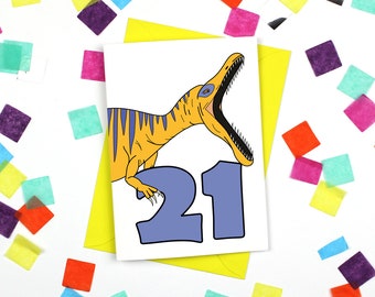 Number 21 card, dinosaur birthday card, anniversary card, one card, cards for adult, cute greeting card, card set, dinosaur birthday badge