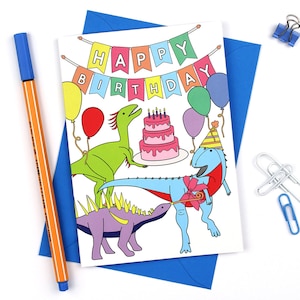 Dinosaur Party Card, happy birthday card, dinosaur card, cards for kids, funny card, cute card, party, birthday, balloons, dinosaur image 1