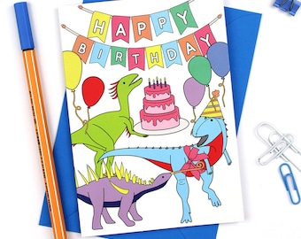 Dinosaur Party Card, happy birthday card, dinosaur card, cards for kids, funny card, cute card, party, birthday, balloons, dinosaur