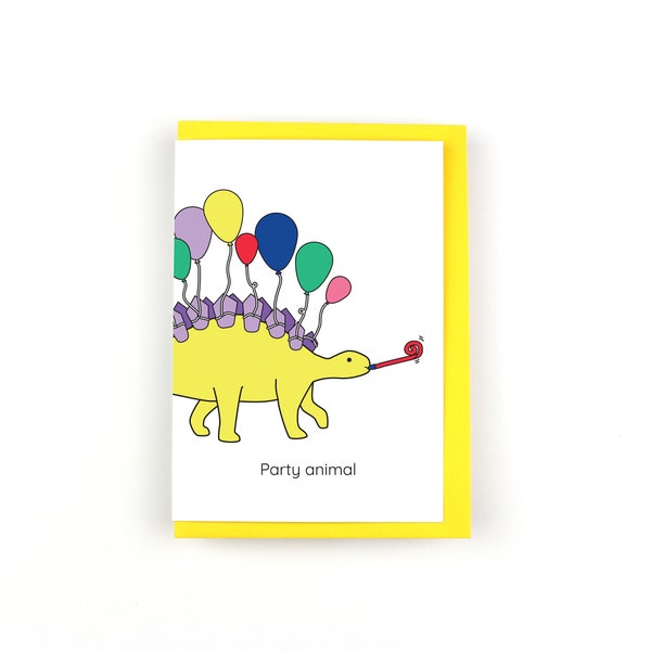 Party Animal Dinosaur Greeting Card, Birthday card, stegosaurus card, balloons, cards for kids, funny cards, puns, pun cards, card for boys