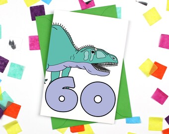 Number 60 card, dinosaur birthday card, anniversary card, one card, cards for adult, cute greeting card, giant button badge