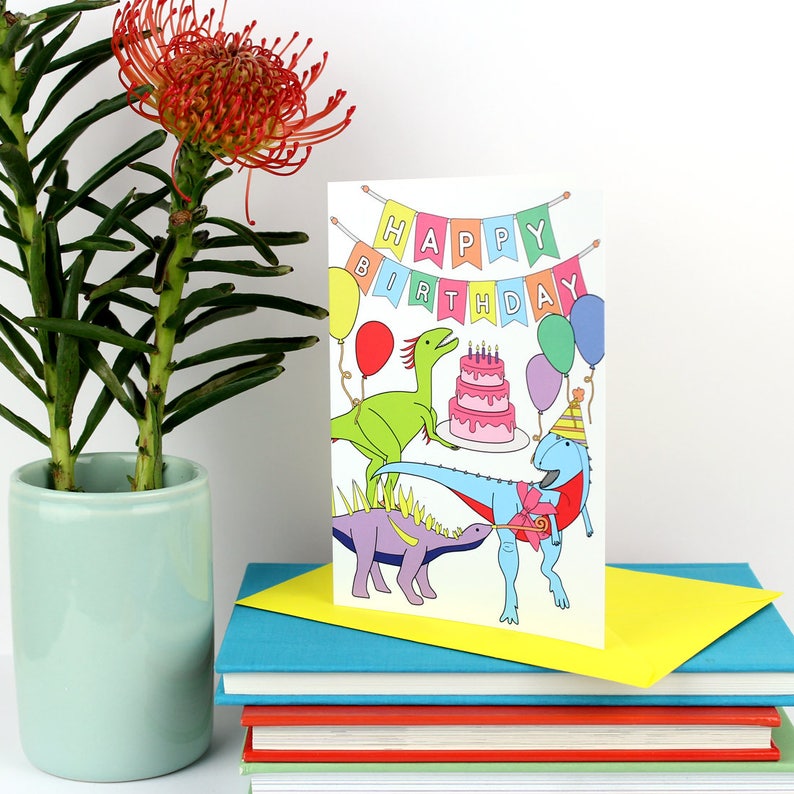 Dinosaur Party Card, happy birthday card, dinosaur card, cards for kids, funny card, cute card, party, birthday, balloons, dinosaur image 4