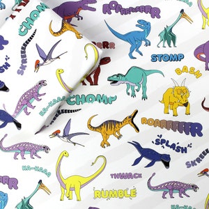 May include: White wrapping paper with a colorful dinosaur pattern. The paper features various dinosaurs, including a green T-Rex, a purple Stegosaurus, and a blue Pterodactyl. The paper also includes the words "ROAR", "CHOMP", "STOMP", "SKREE", "KA-KAA", "THWACK", "RUMBLE", "SPLASH", and "BASH".