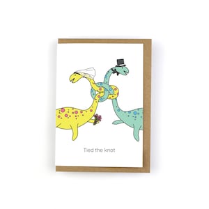Carte de voeux de mariage dinosaure Tied the Knot - représentant un plésiosaure pour les mariés