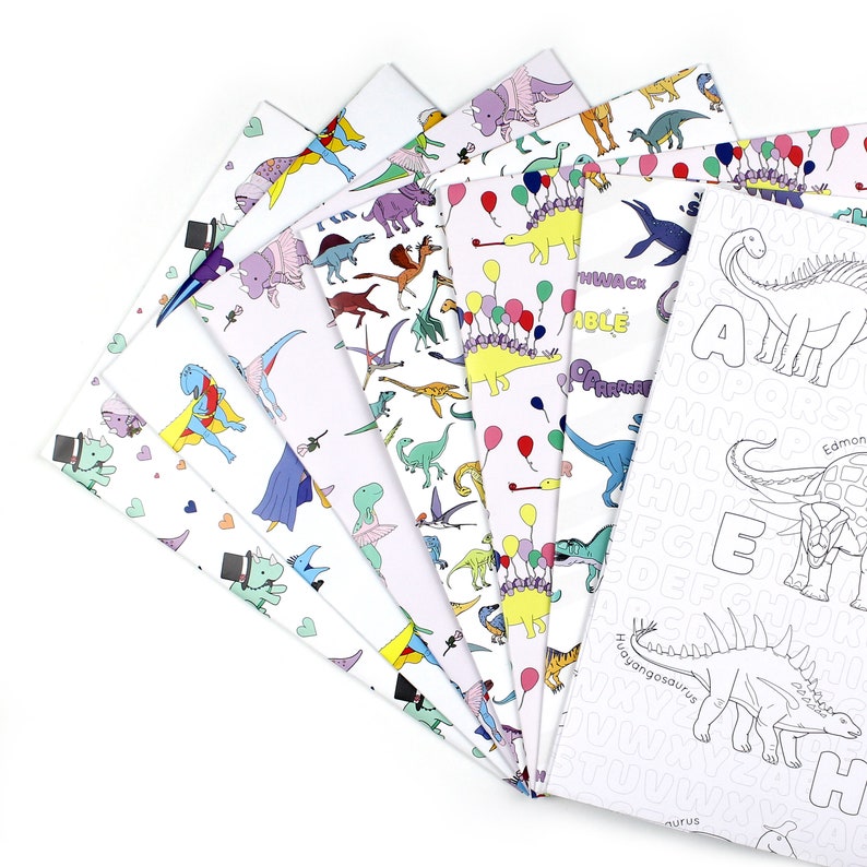 May include: A set of eight dinosaur-themed wrapping paper sheets. The papers feature different dinosaur illustrations, including a stegosaurus, a triceratops, and a tyrannosaurus rex. Some of the papers have a white background with colourful dinosaurs, while others have a white background with black outlines of dinosaurs. The papers are perfect for wrapping gifts for dinosaur-loving children.
