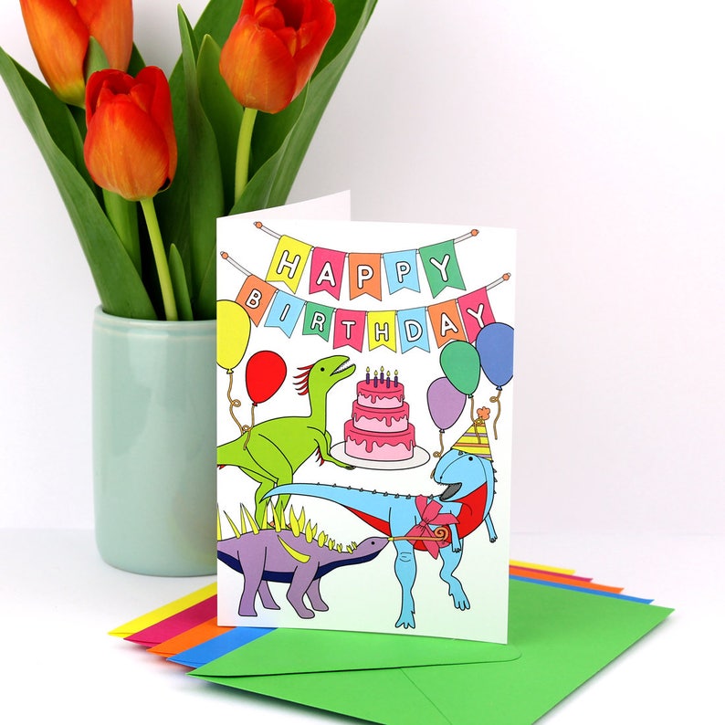 Dinosaur Party Card, happy birthday card, dinosaur card, cards for kids, funny card, cute card, party, birthday, balloons, dinosaur image 8