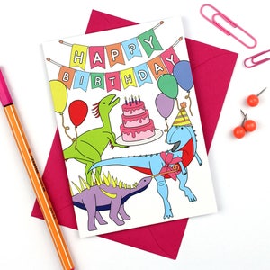 Dinosaur Party Card, happy birthday card, dinosaur card, cards for kids, funny card, cute card, party, birthday, balloons, dinosaur image 2