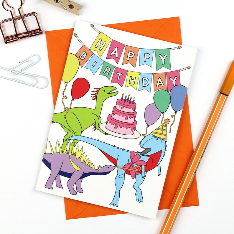 Dinosaur Party Card, happy birthday card, dinosaur card, cards for kids, funny card, cute card, party, birthday, balloons, dinosaur image 6