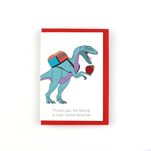 Merci d'être une carte de voeux de dinosaure enseignant rugissant, appréciation de l'enseignant